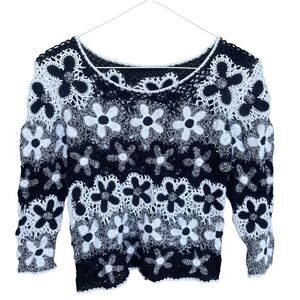 Talbots Womens Sweater Small Linen Cotton Crochet Floral Boho Cottage Open Knit